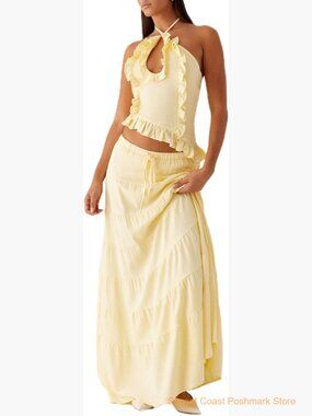 Ruffle Maxi Skirt Set Halter Crop Top Flowy Long Skirt Y2K Outfit